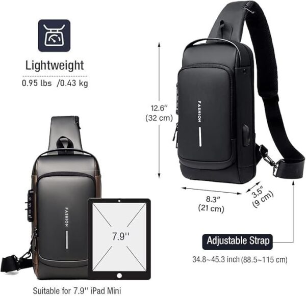 Tumblo™ Anti-Thef PU Leather Sling Bag for Men | Crossbody Backpack with USB Charging Port & Dial Lock | Waterproof, Travel Shoulder Bag for Office & Daily Use - Image 7