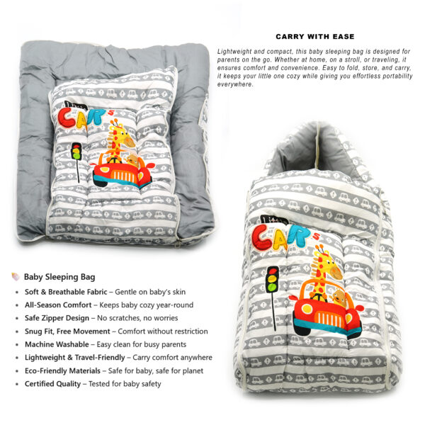 Tumblo Baby Sleeping Bag – Soft & Cozy Cotton with Grey Car & Giraffe Cartoon Print (0–12 Months, 116.84 × 49.53 × 8.87 cm) - Image 7